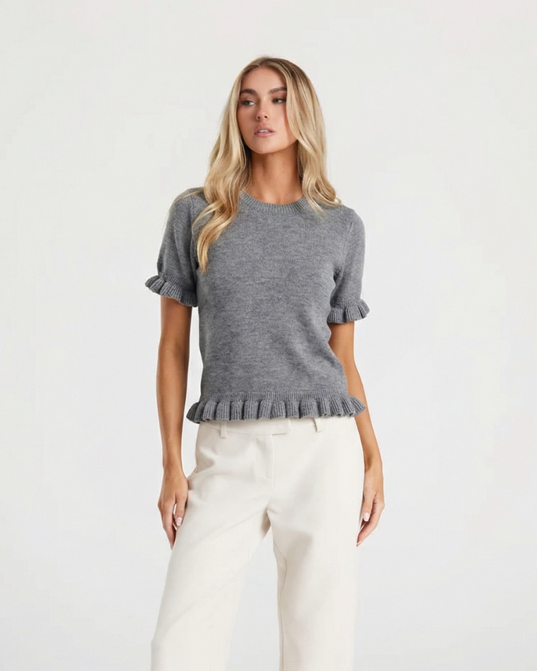 Vera | Ruffle Short Sleeve Knit Top Gray Crew Neck