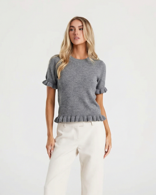 Vera | Ruffle Short Sleeve Knit Top Gray Crew Neck