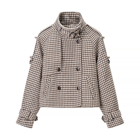 Stella | Autumn Houndstooth Blazer Brown Cropped Double Breasted