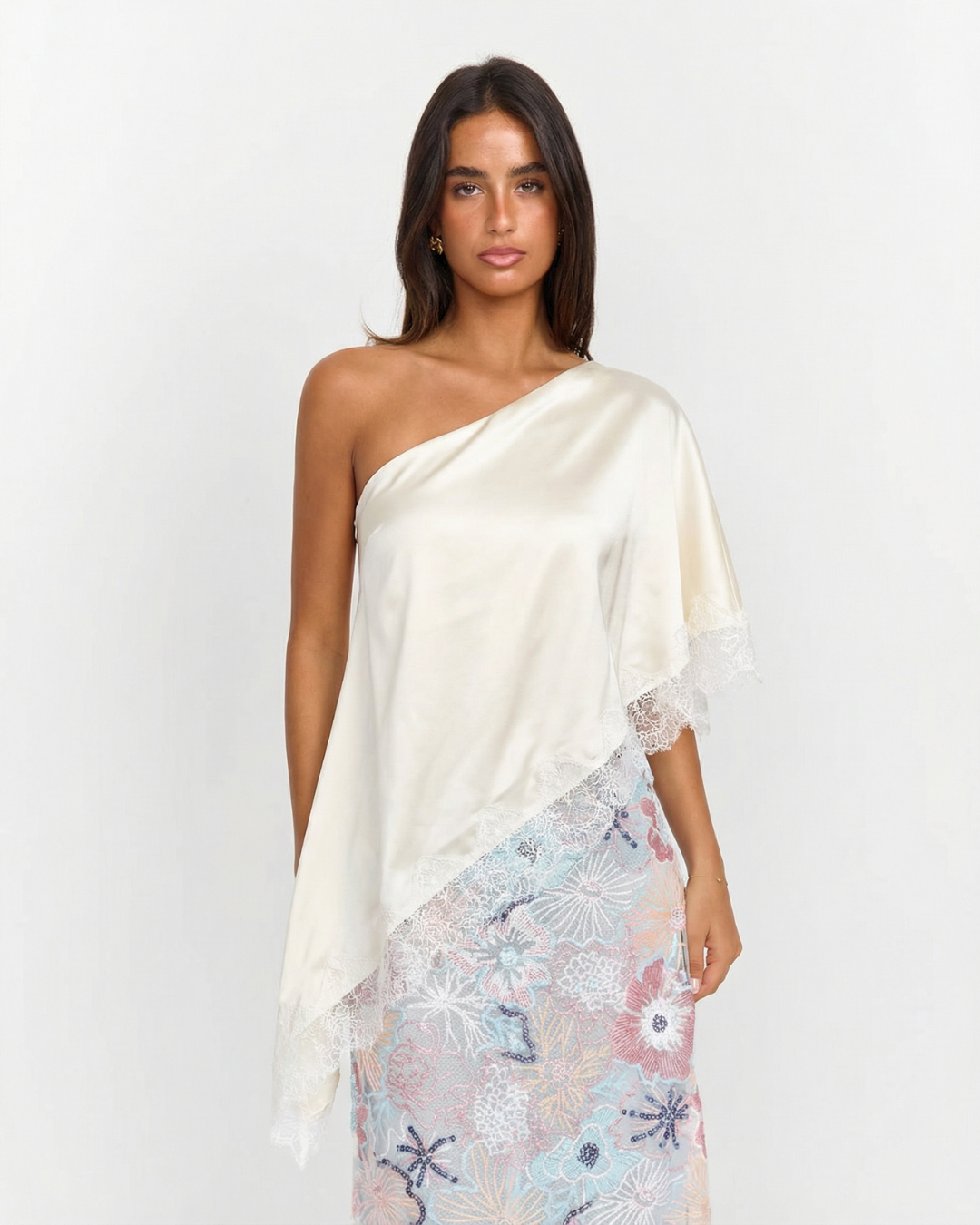 Tallulah | One Shoulder Top Cream Satin Lace Trim Asymmetric