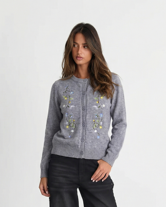 Fern | Grey Cardigan Knitted Embroidered Floral Long Sleeve Button Front