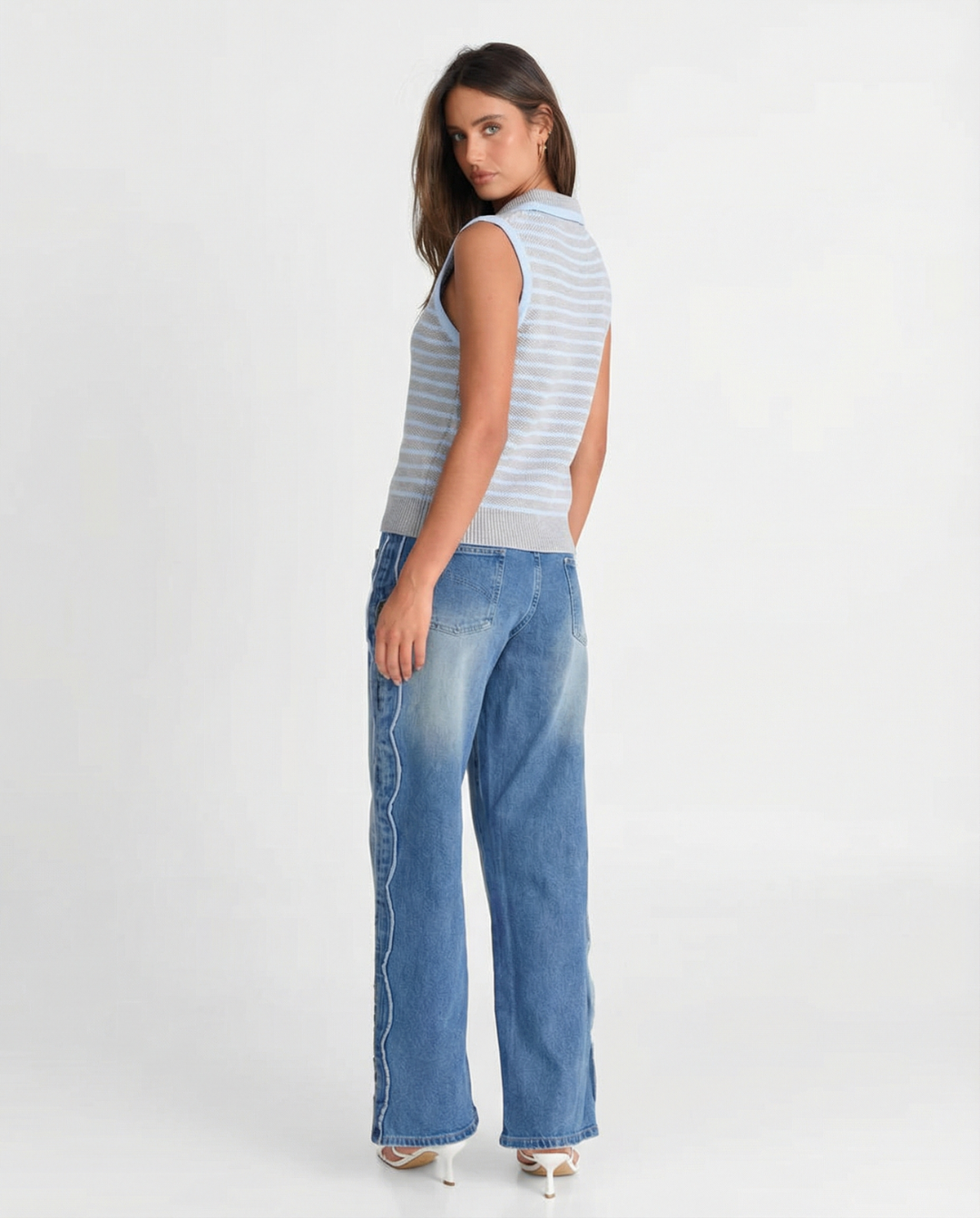 Vera | Striped Knit Sweater Vest Light Blue Collared Button Front