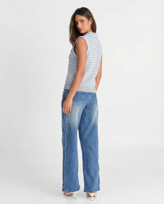 Vera | Striped Knit Sweater Vest Light Blue Collared Button Front