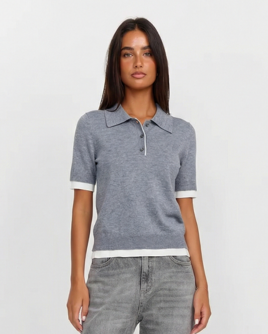 Amelia | Grey Knit Short Sleeve Polo with Contrast Trim