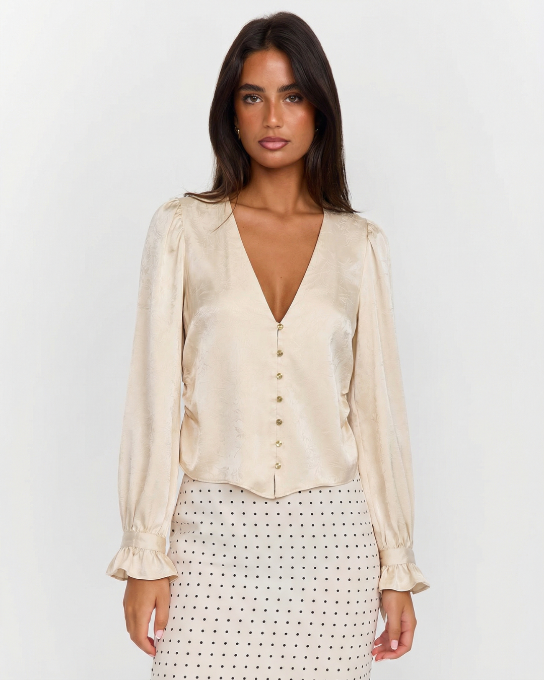 Lena | Satin V Neck Blouse Cream Long Sleeve Ruffled