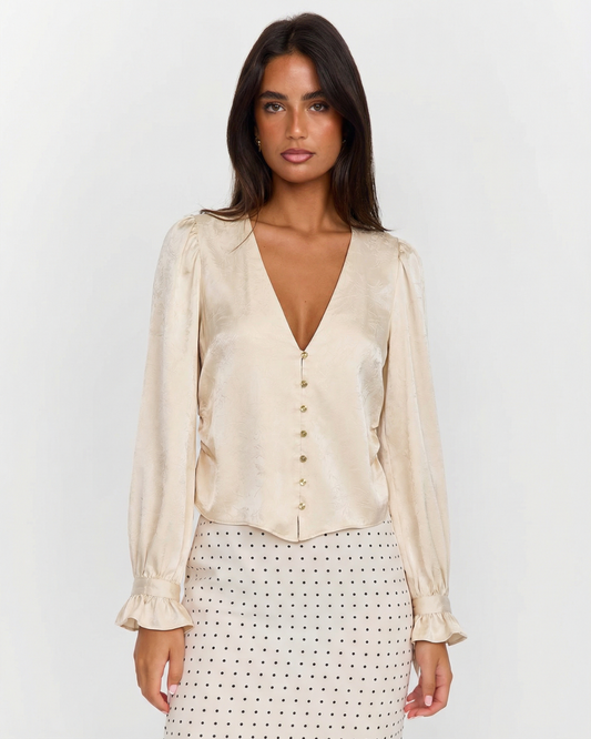 Margot | Elegant Satin V Neck Blouse Beige