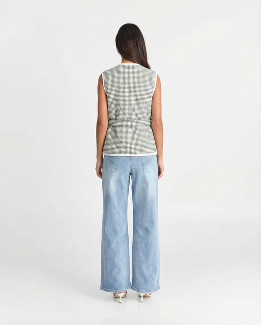 Margot | Plaid Sleeveless Button Down Vest Top White Tie Front