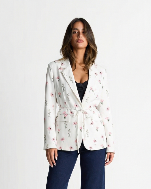 Faye | Floral Blazer White Pink Belted