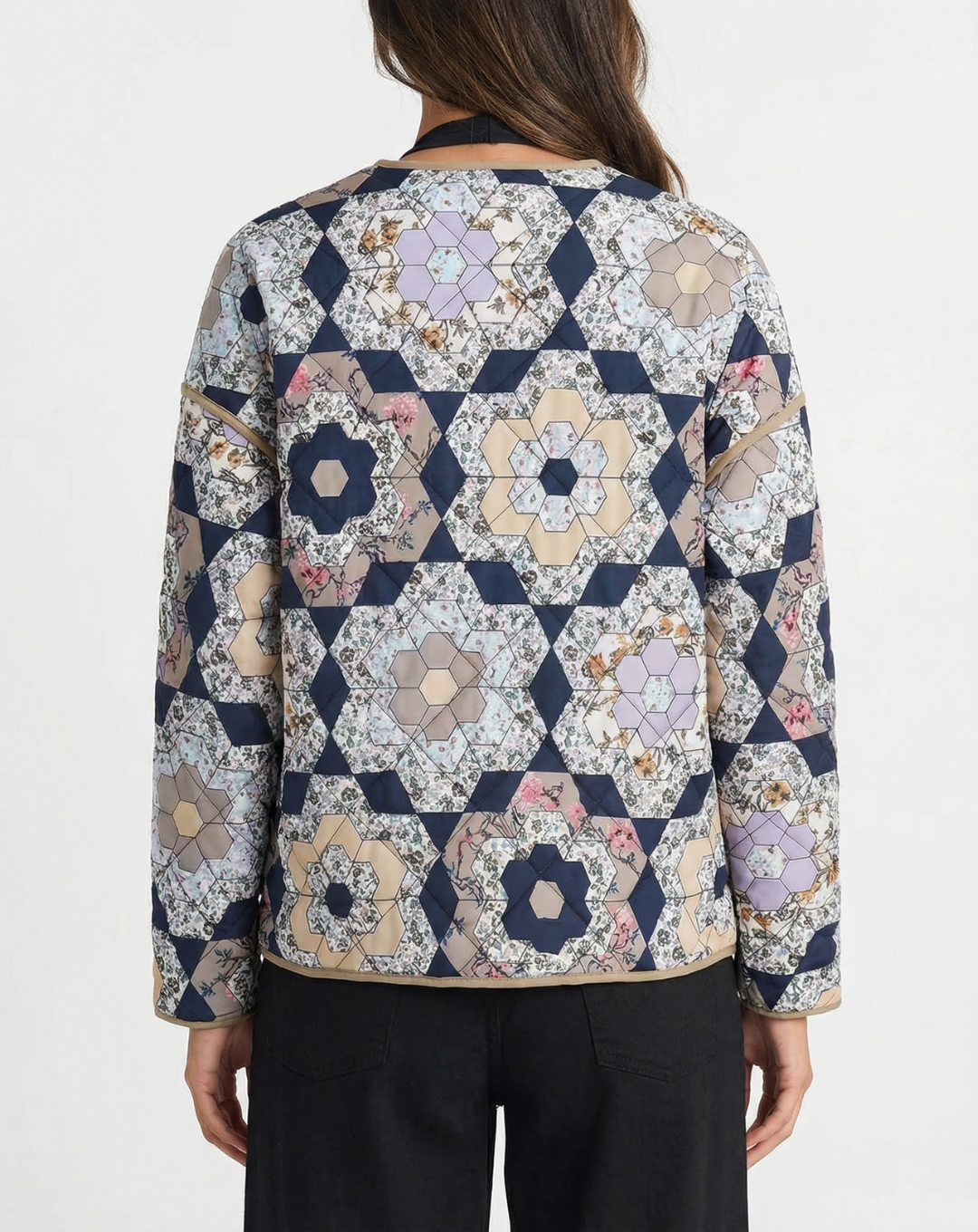 Ayla | Quilted Jacket Patchwork Navy Floral Long Lightweight