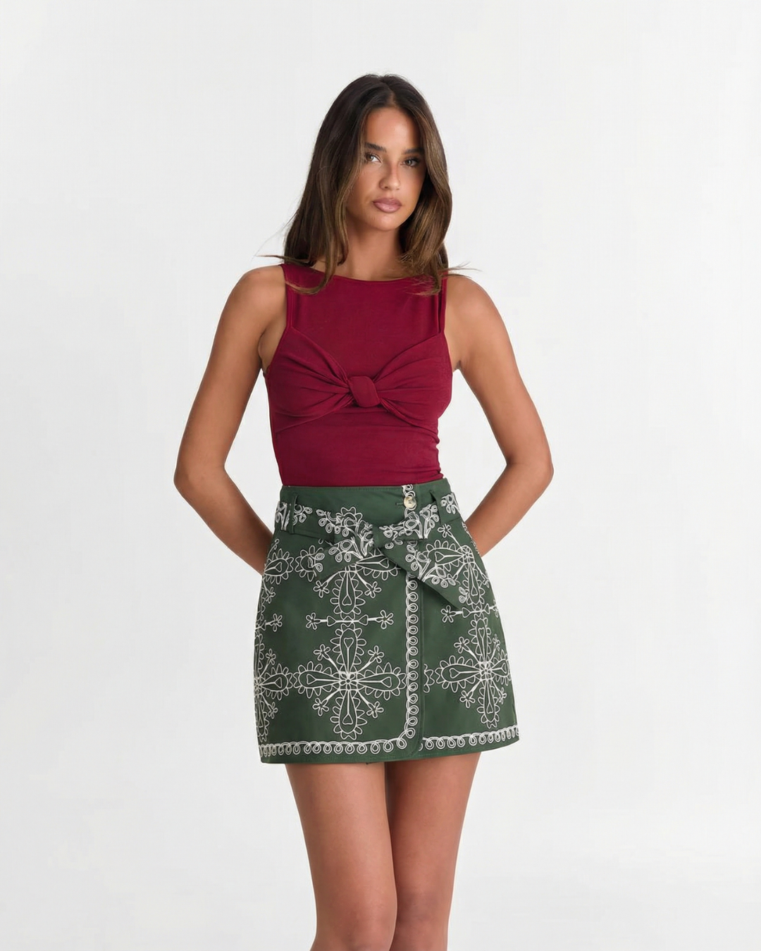 Freya | Mini Skirt Green Wrap Embroidered A Line