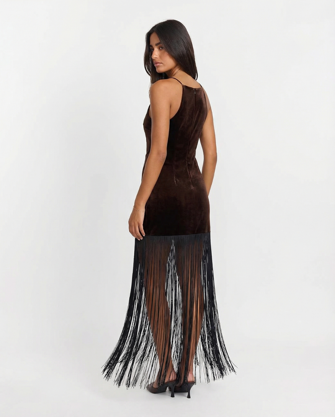 Thea | Velvet Fringe Maxi Dress Black Halter