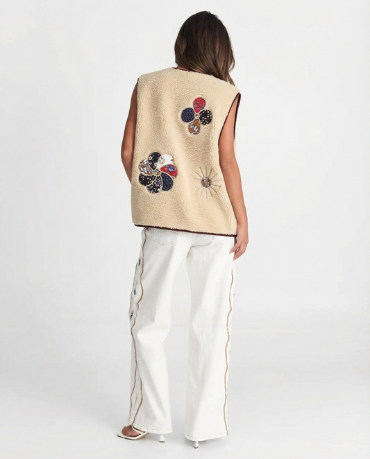 Margot | Sleeveless Cardigan Cream Embroidered Patchwork Toggle Front