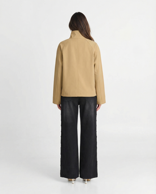 Thea | Cropped Lightweight Jacket Beige Funnel Neck Button Front