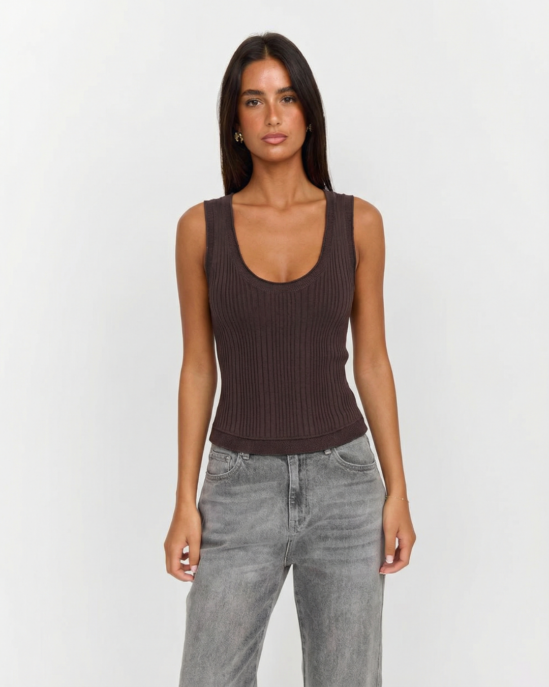 Maren | Knitted Tank Top Brown Ribbed Sleeveless Fitted Scoop Neck