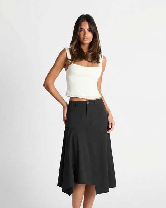 Zoe | Asymmetric Midi Skirt Black A Line High Waisted