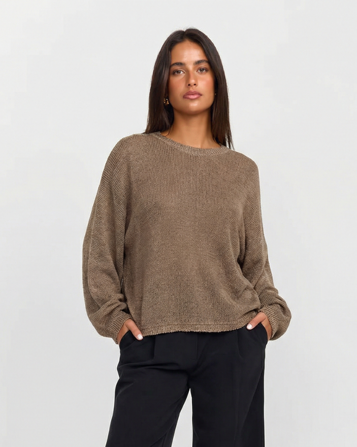 Lena | Oversized Knit Top Beige Crew Neck Long Sleeve