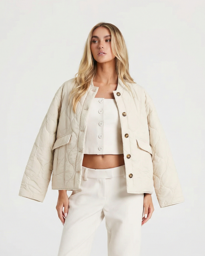 Opal | Quilted Jacket Cream Collarless Button Front Padded