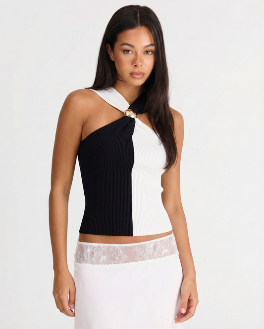Kit | Halter Neck Top Black White Knitted Ribbed Sleeveless Crop