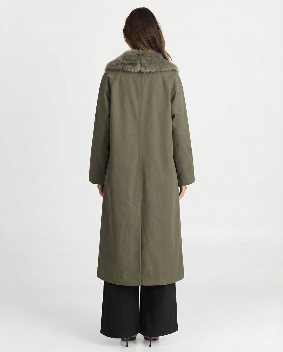 Cora | Faux Fur Collar Longline Coat Khaki Long