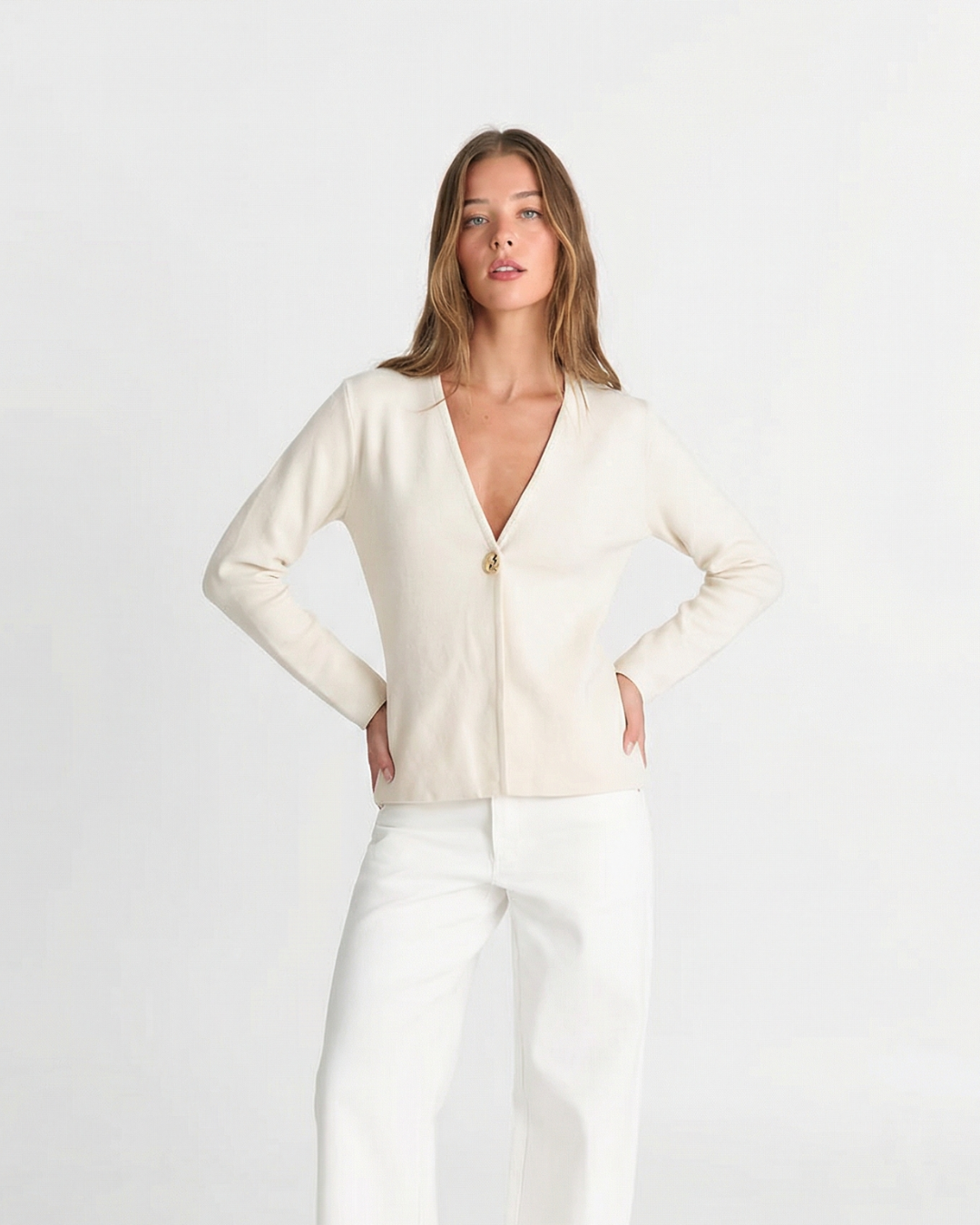 Margot | V Neck Cardigan Cream Long Sleeve Button Up