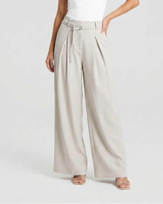 Opal | Elegant Wide Leg Trousers Cream Pleated Belted