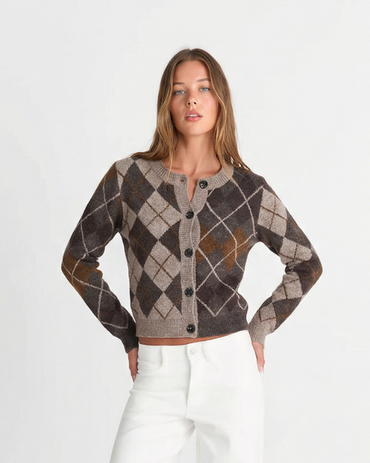 Lyra | Argyle Knitted Cardigan Brown Long Sleeve Button Front