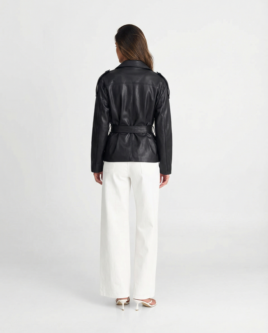 Zoe | Faux Leather Belted Jacket Black Button Down