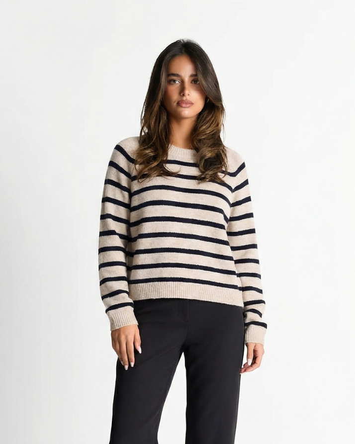 Margot | Striped Crew Neck Sweater Cream Black Long Sleeve