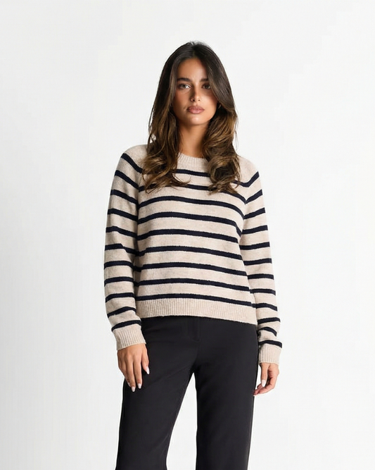 Margot | Striped Crew Neck Sweater Cream Black Long Sleeve