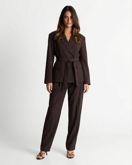 Lyra | Elegant Trouser Suit Dark Brown Belted
