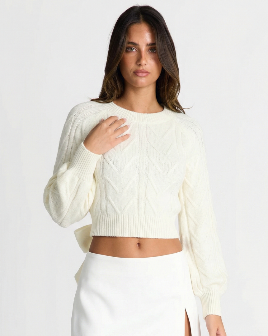 Opal | Casual Cropped Knitted Top Cream Cable Knit Long Sleeve