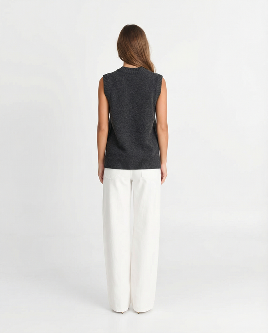 Vera | Sleeveless V Neck Cardigan Charcoal Gray Ribbed Knit
