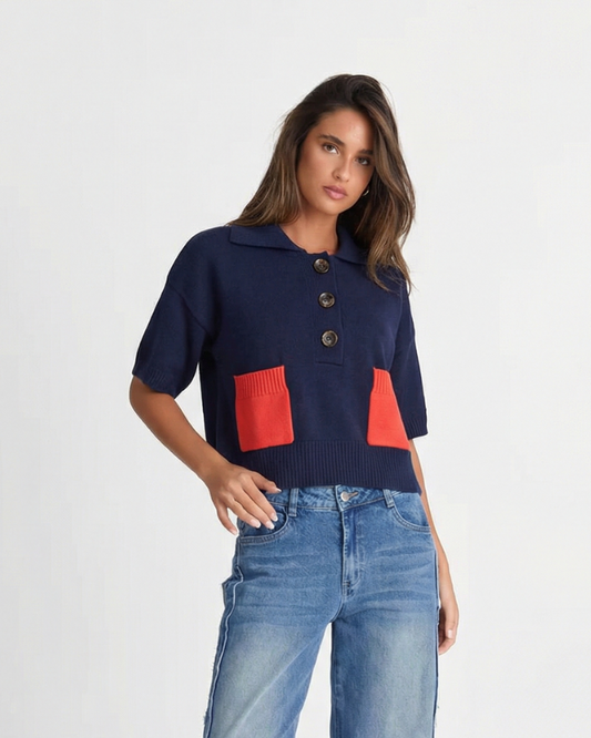 Iris | Navy Knitted Shirt Short Sleeve Collared Button Front Red Pockets