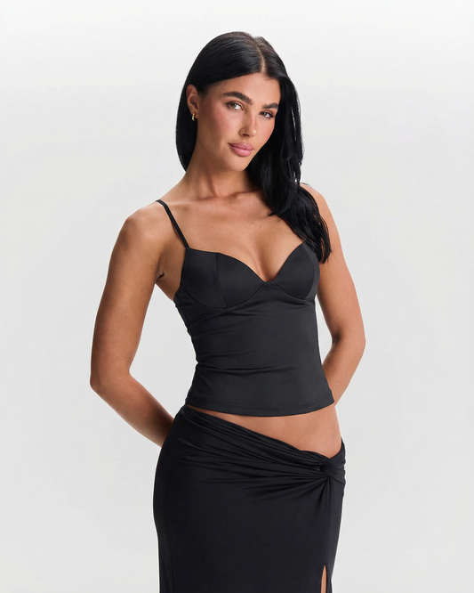 Greta | Elegant Corset Top Black Mesh Cami Fitted Bustier