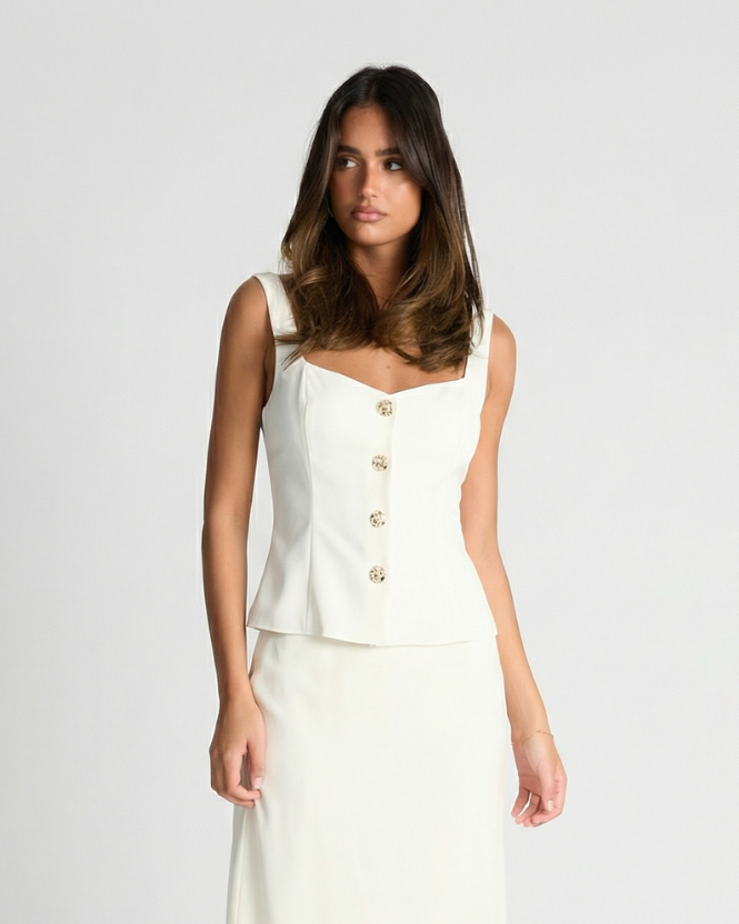 Cleo | Elegant Peplum Top White Sleeveless Square Neck Button Front