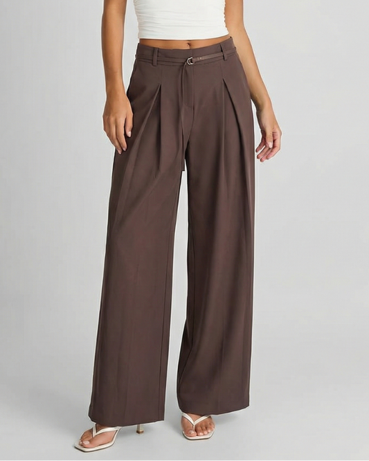 Thea | Pleated Wide Leg Trousers Brown Belted