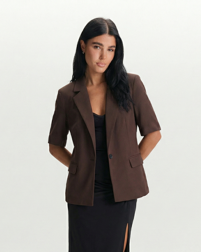 Lena | Oversized Short Sleeve Blazer Brown Button Down