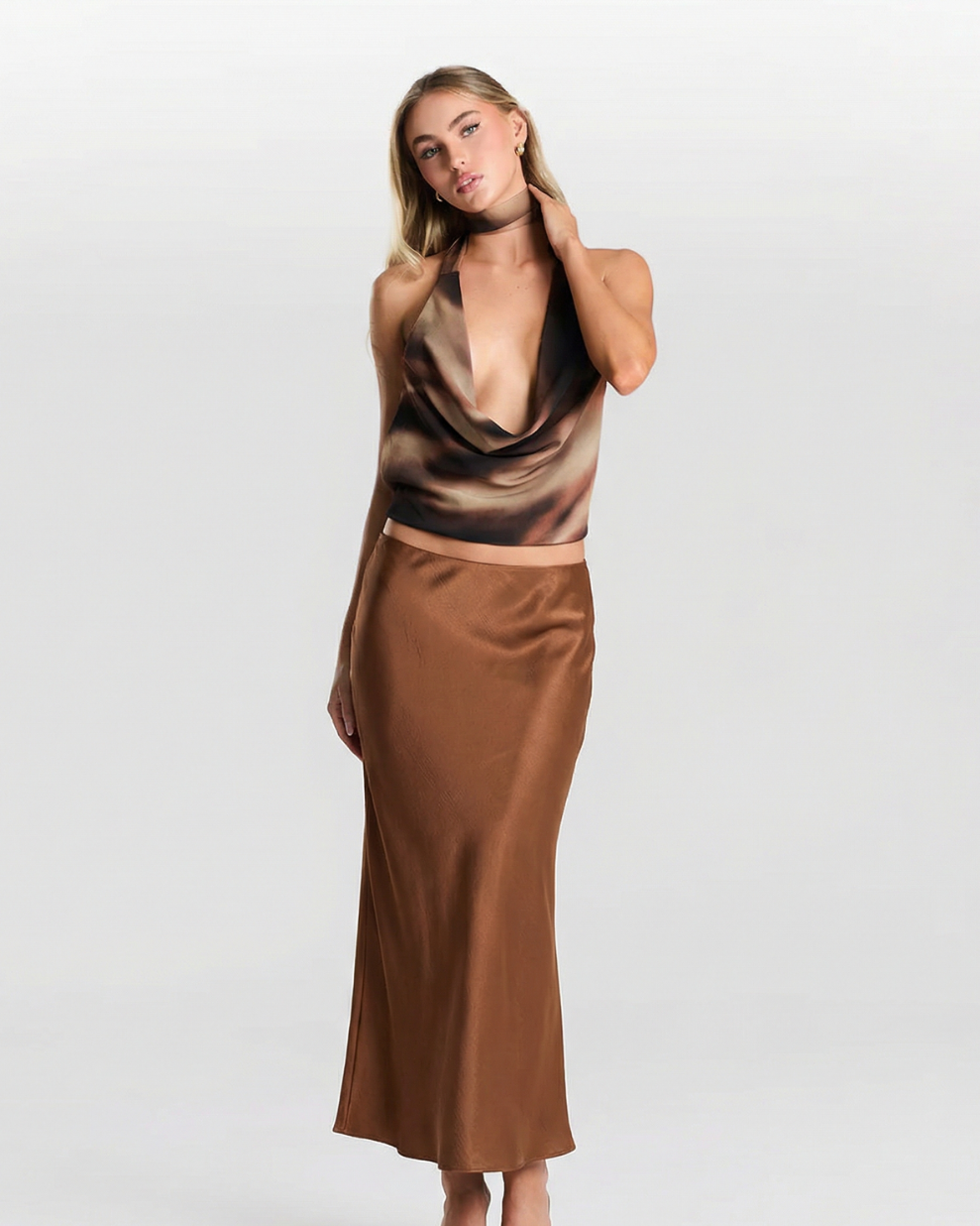 Xena | Elegant Satin Maxi Skirt Brown
