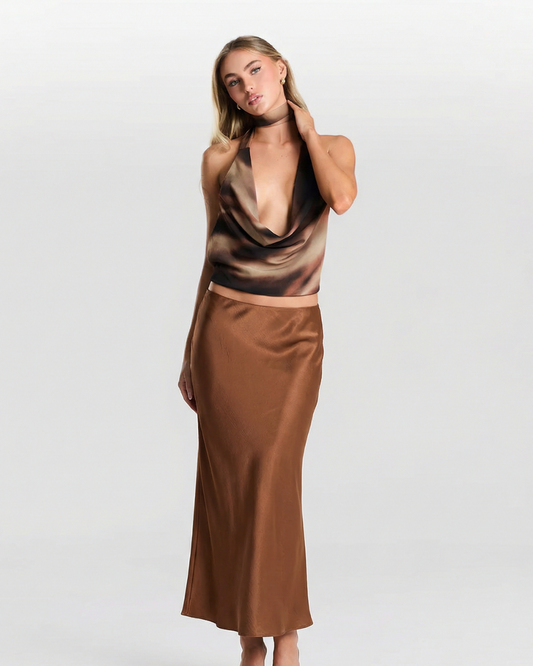 Xena | Elegant Satin Maxi Skirt Brown