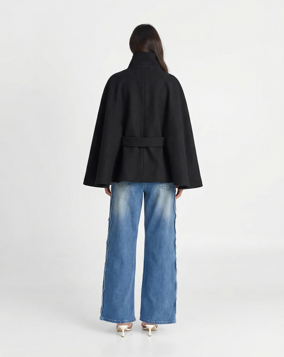 Esme | Black Jacket Belted High Neck Oversized Cape