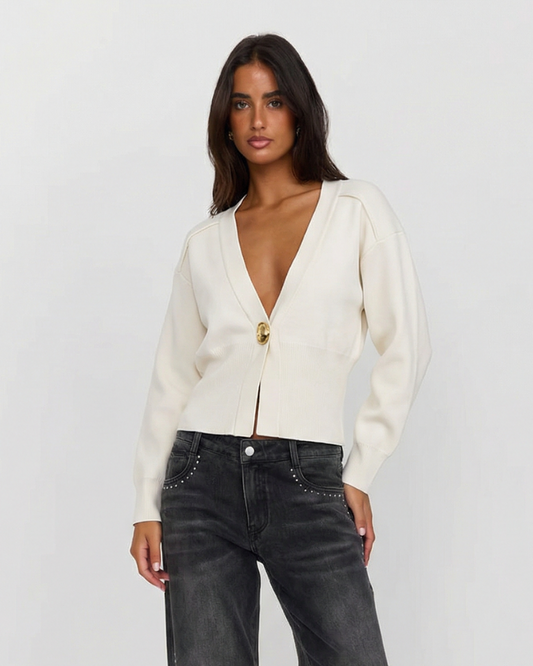 Ivy | Cropped Satin Blouse Cream V Neck Long Sleeve
