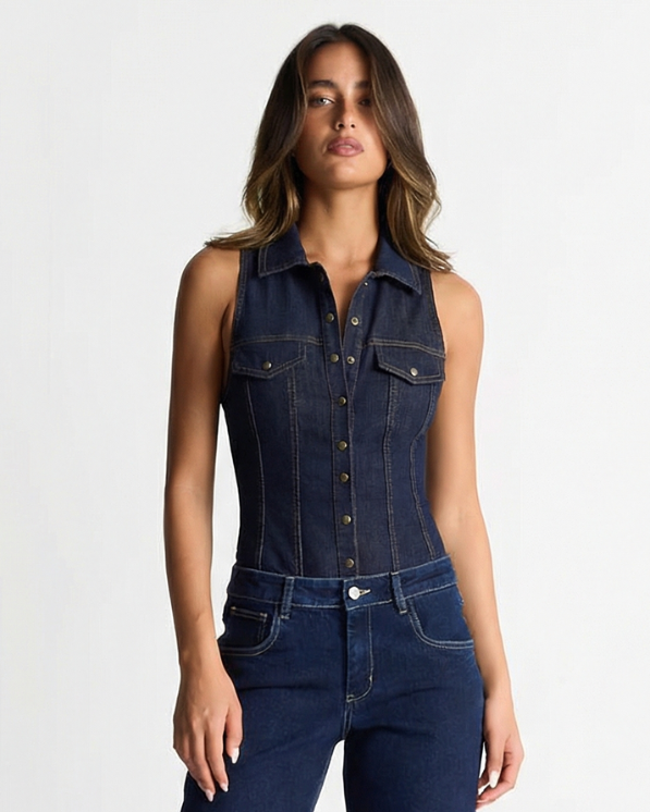Orla | Denim Jumpsuit Dark Blue Sleeveless Button Front