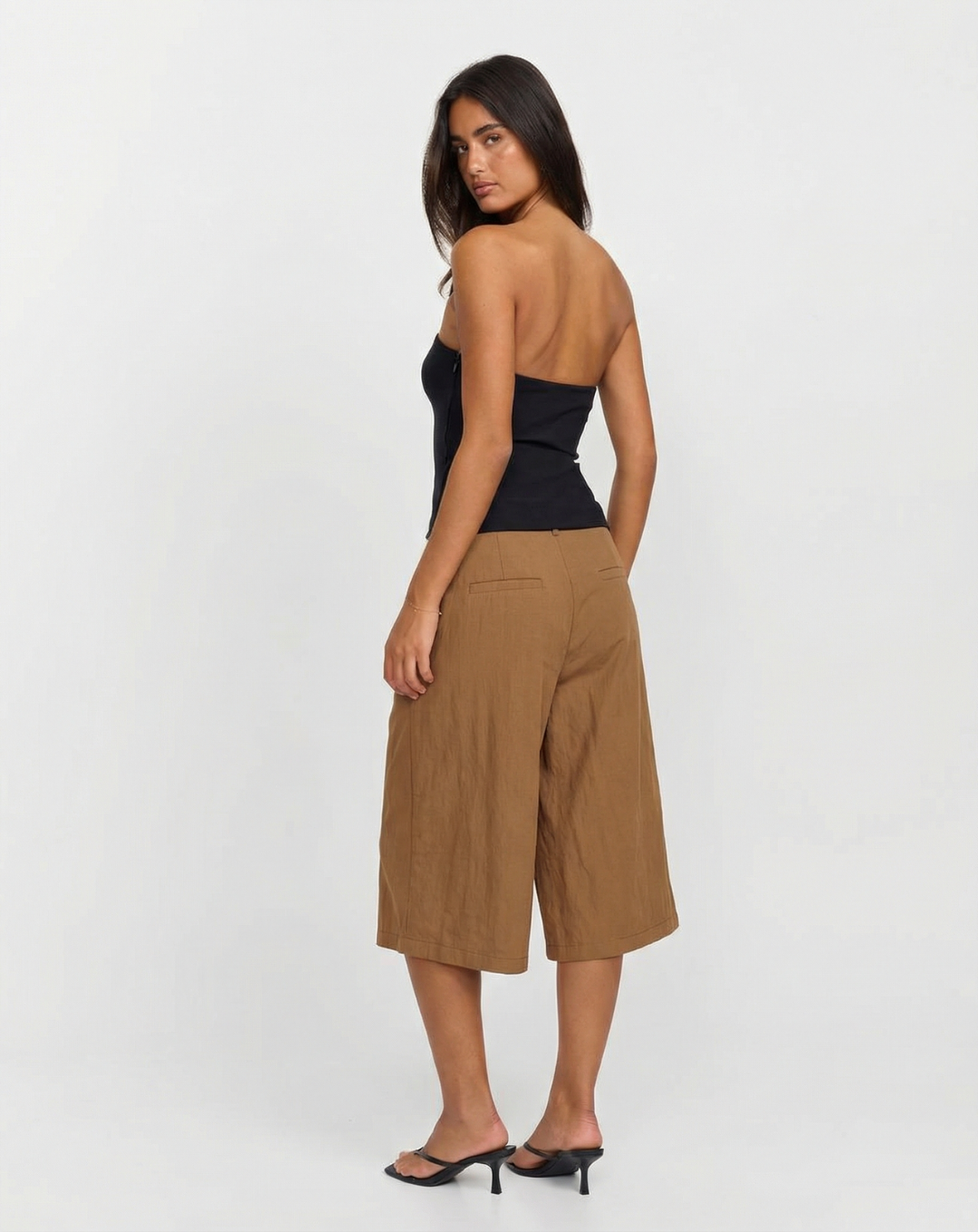 Ivy | High Waisted Wide Leg Culottes Brown Pleated Tailored