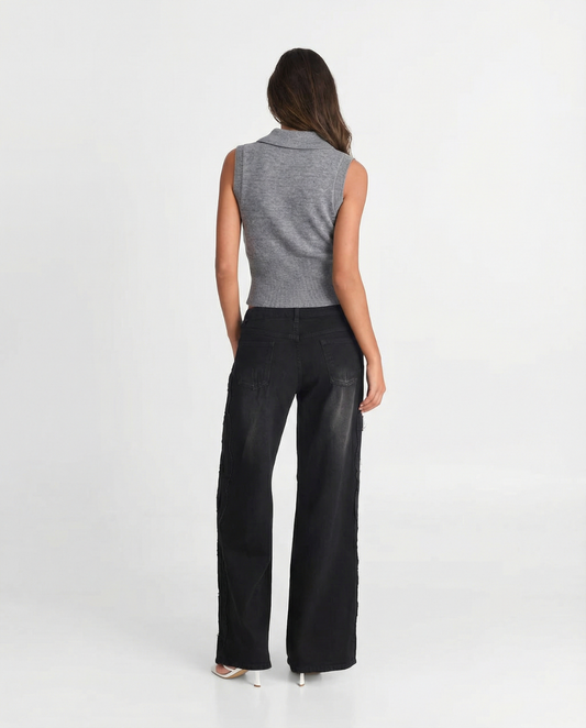 Alma | Knitted Top Grey Sleeveless Collared Crop