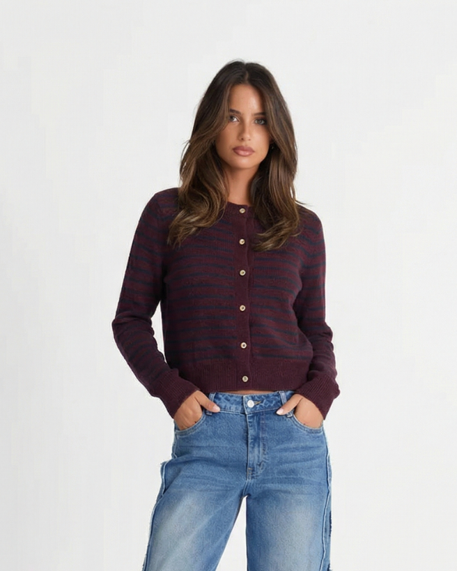 Vera | Striped Crew Neck Cardigan Burgundy Long Sleeve Fitted