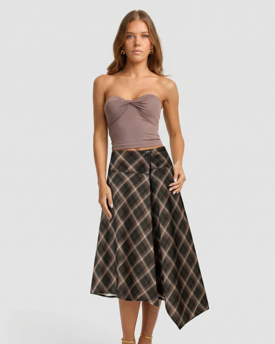 Briar | Autumn Asymmetric Midi Skirt Brown Check A Line