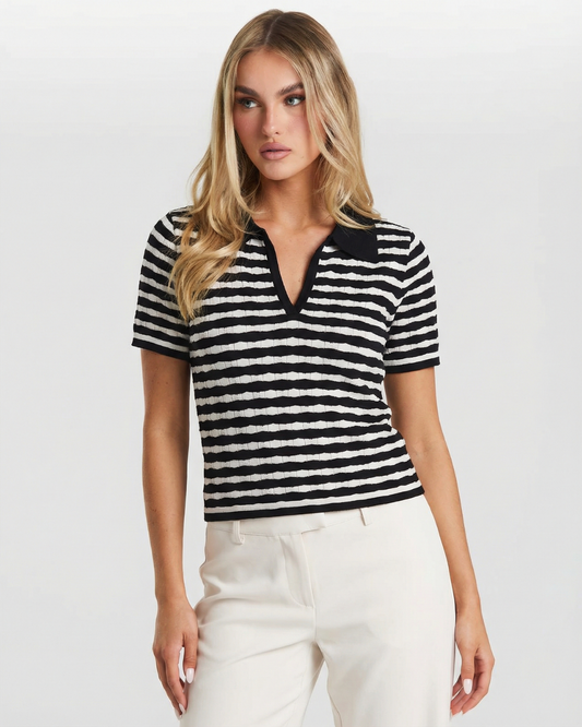 Phoebe | Flattering Ribbed Knit Striped Polo Top