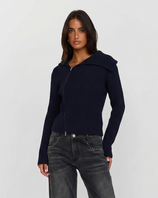 Vera | Ribbed Zip Up Hoodie Navy Long Sleeve