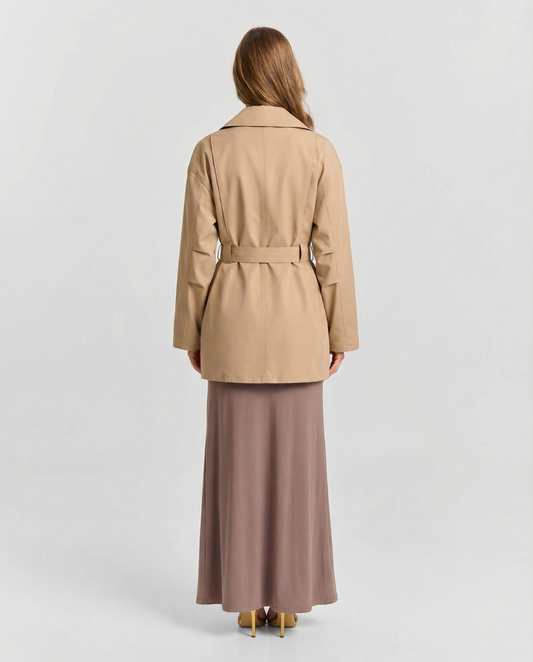 Willa | Utility Jacket Beige Belted Cargo Pockets Long