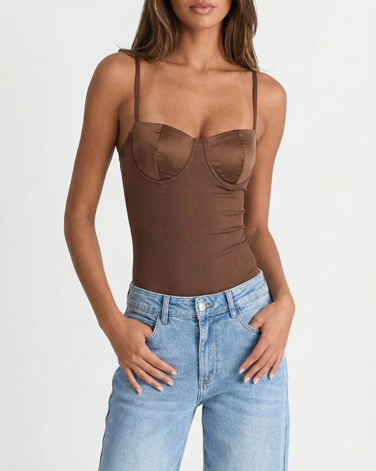 Opal | Elegant Corset Top Brown Bodysuit Fitted